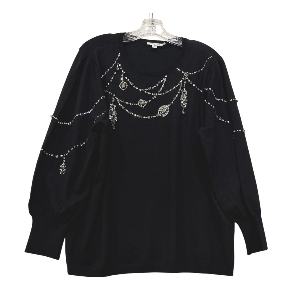 Chicos‎ Black Rhinestone Embellished Sweater Size 4 XXL Chandelier Crystal Knit